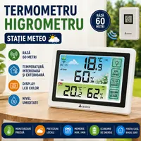 Termometru si Higrometru Profesional de Camera si Exterior cu Transmitatoare Wireless, 60 m Raza Actiune, Ecran LCD, Iluminare de Fundal, Touch, Alb