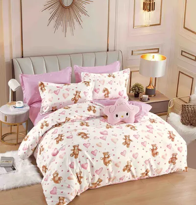 Set Lenjerie de Pat Finet 6 Piese, Bumbac Finet, Fara Elastic , Pink Teddy Love