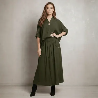 Compleu Verde kaki din raiat cu buzunare