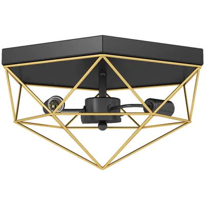 HOMCOM Lampă de Tavan Stil Industrial Geometrică cu 3 Suporturi E27 pentru Becuri LED, Negru și Auriu | Aosom Romania