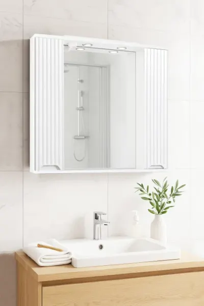 Dulap baie suspendat seria 033 cu oglinda, front MDF, montat, alb, 80x71 cm