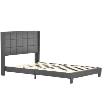 Pat dublu cu tăblie tapițată și somieră cu lamele, design elegant din in, fără saltea, 140x200 cm, Gri