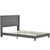 Pat dublu cu tăblie tapițată și somieră cu lamele, design elegant din in, fără saltea, 140x200 cm, Gri