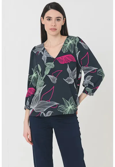 Bluza cu decolteu in V si maneci 3/4 Jane - Verde/Roz/Gri antracit