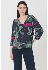 Bluza cu decolteu in V si maneci 3/4 Jane - Verde/Roz/Gri antracit