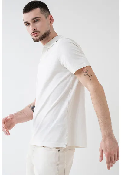 Tricou polo din amestec de bumbac de bumbac organic - Alb murdar