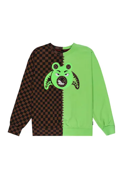 Bluza de trening cu decolteu la baza gatului si model in doua nuante Money Bear - Negru/Maro deschis/Verde deschis
