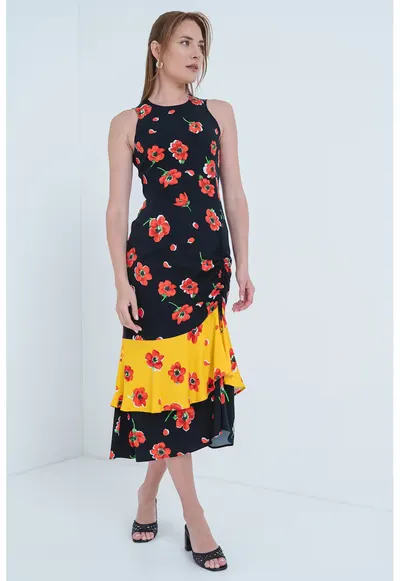 Rochie midi cu model floral - Rosu/Negru/Galben sofran