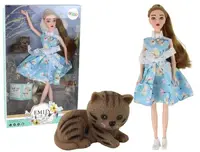 Păpuşă Lean Toys - Emily, cu rochie albastră cu flori și pisicuță, 30 cm
