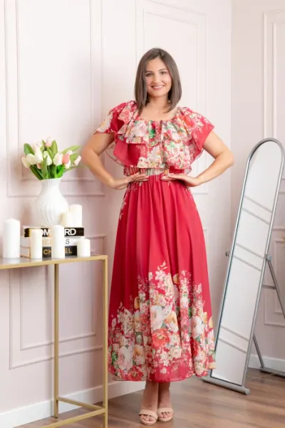Rochie eleganta lunga Ayana cu imprimeri florale si volane ample - Grena