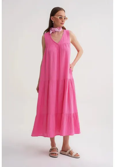 Rochie Midi - fara maneci - decolteu in V - roz aprins - bumbac
