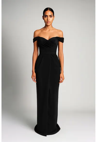 Rochie maxi drapata cu decolteu pe umeri - Negru