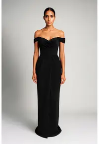 Rochie maxi drapata cu decolteu pe umeri - Negru