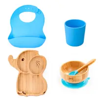 Set diversificare pentru copii Oaki castron si farfurie elefant din bambus cu lingurita, pahar si baveta albastru