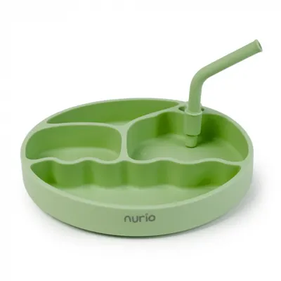 Farfurie din Silicon cu Pai pentru Copii - Verde - Nurio
