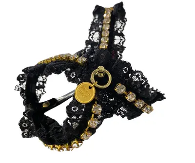Ham ajustabil din piele ecologica, negru, decorat cu dantela si lantisor din cristale, circumferinta piept 31-35 cm x circumferinta gat 26 cm