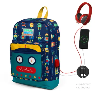 Ghiozdan cu 4 compartimente, Coral High, cu USB, model robotei