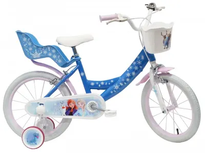 Bicicleta pentru copii Denver Disney Frozen 16 inch, frana de mana pe ambele roti, clopotel, roti ajutatoare detasabile, suport pentru papusi, cosulet transport pe ghidon