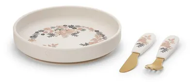 Set de hrănire din silicon Elodie - Farfurie și tacâmuri, Blue Garden