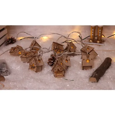 Lant lum.LED de Craciun, casuta din lemn, fara baterii Timer 6+18h,10LED, 3000K, 2xAA