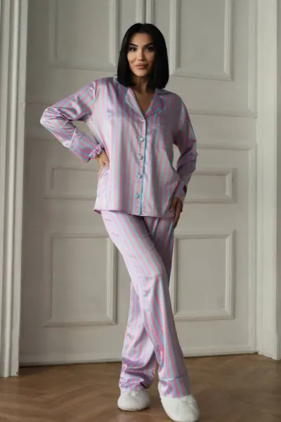 Set pijama dama din doua piese, cu nasturi – 2600012, Roz / Albastru