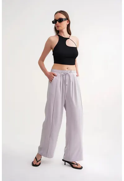 Pantaloni dama - picior larg - talie elastica - gri - poliester