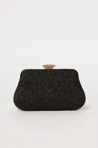 Clutch negru din material textil impletit