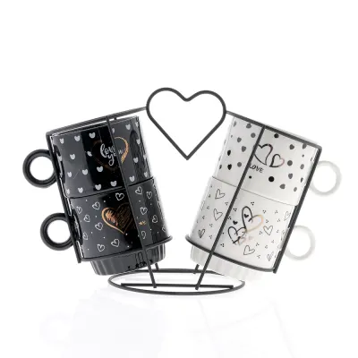 Set 4 cesti cafea cu inimioare si suport metalic inima, 250 ml