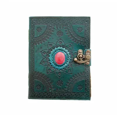 Jurnal vintage, 20x15cm, piele naturala, piatra inserata rosie, Krashell