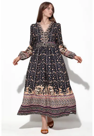 Rochie Maxi - Floral - Multicolor - Casual - Maneci lungi - Decolteu in V - Cu curea