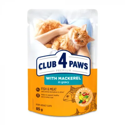CLUB 4 PAWS, Macrou, plic hrană umedă pisici, (în sos), 85g