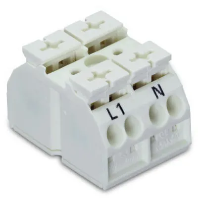 4-conductor chassis-mount terminal strip; 2-pole; L1-N; without ground contact; for self-tapping screw 2.9 mm Ø from bellow; with 2x pin; 4 mm²; 4,00 mm²; white