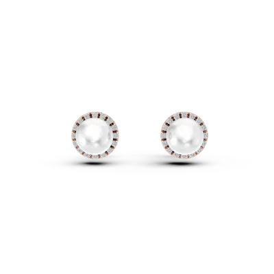 Cercei din aur roz cu diamante de 0.093ct si perle de cultura