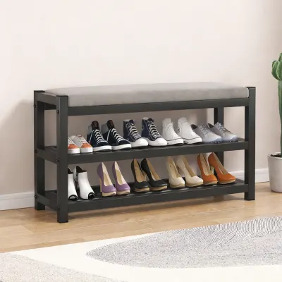 Bancuta suport pantofi metalica cu 3 rafturi si sezut tapitat – 80 cm