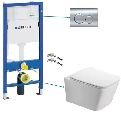 Set vas wc suspendat dreptunghiular rimless cu capac soft close, clapeta crom Duofix, rezervor wc incastrat Geberit