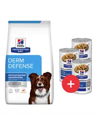 HILL'S Prescription Diet Canine Derm Defense 12 kg pentru câini cu alergii + 3 conserve GRATIS