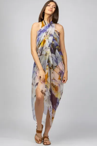Esarfa dreptunghiulara tip pareo, Silk Feeling, cu nuante de galben si violet