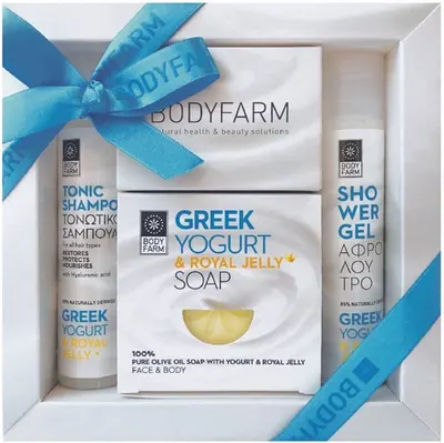 Bodyfarm Set Greek Yogurt & Royal Jelly - Gel de duș, șampon și săpun, 2 х 50 ml + 110 g