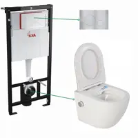 Set vas wc suspendat alb cu functie bideu si baterie crom mat Foglia Oslo, rezervor wc incastrat si clapeta aluminiu mat, Alcadrain