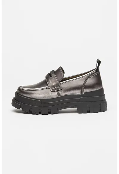 Pantofi loafer demi-wedge de piele ecologica - Negru/Argintiu