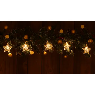 Lant de lumina LED de Craciun, stea, culoare alba, cu bat. Timer 6+18h,10LED, 3000K, 2xAA