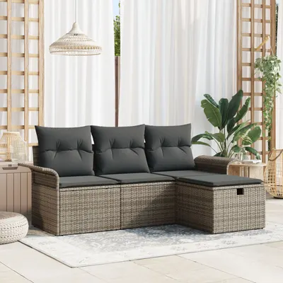 Set de canapea de gradina Gossi din 4 piese cu pernute gri din ratan poli, canapea de gradina pentru 2 persoane cu spatiu de depozitare & pernute gri din ratan poli