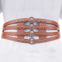 Centura camel lata din piele ecologica cu tinte si cercuri metalice