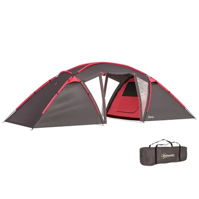 Outsunny Cort tunel, cort de camping pentru 4-6 persoane, cu 3 camere, cârlig pentru lumină, uși duble, gri | Aosom Romania
