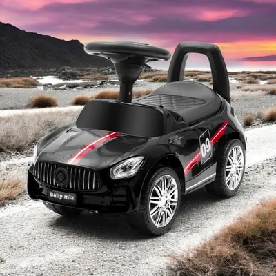 Masinuta de impins Baby Mix Racer Black cu sunete, suport jucarii sub sezut si spatar confortabil, 12 luni+, greutate admisa 25 km