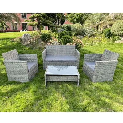 Set mobilier pentru gradina, 2 fotolii, masuta, canapea, ratan gri, perne incluse