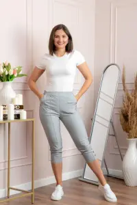 Pantaloni dama 3 4 Jenny gri cu talie elastica si fermoare decorative
