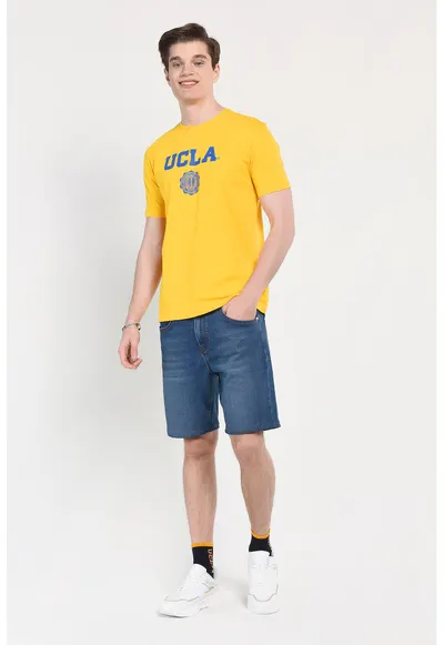 Tricou regular fit - decolteu la baza gatului - imprimeu cu logo - Galben - GAYLEY - Galben