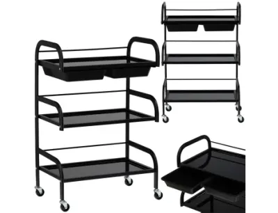 Carucior salon profesional – 3 rafturi, ergonomic si durabil - ST029 - Alb/Negru