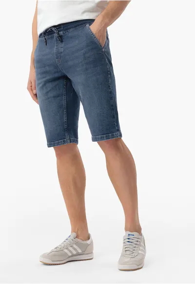 Blugi scurti bambati din bumbac - buzunare - talie elastica cu snur - Regular Fit - E-Carst - albastru marin - Bleumarin